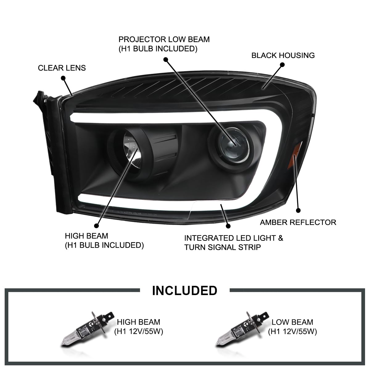 Black SPEC-D TUNING Projector Headlights w/Switchback LED Light Bar Compatible with 2006-2008 Dodge Ram 1500, 2500, 3500, Left + Right Pair Headlamps Assembly