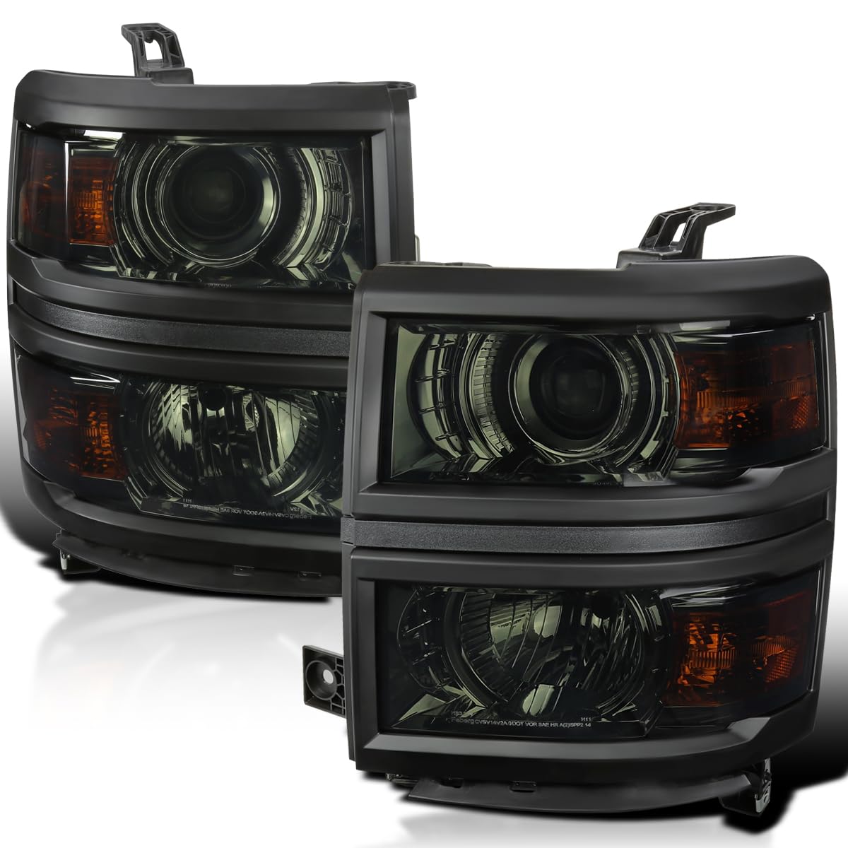 Smoke Projector Headlights SPEC-D TUNING w/Black Trim Compatible with 2014-2015 Chevy Silverado 1500, Left + Right Pair Headlamps Assembly