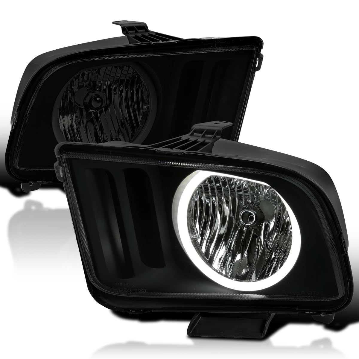 Black Smoke Headlights w/LED Angel Eyes SPEC-D TUNING Compatible with 2005-2009 Ford Mustang, Left + Right Pair Headlamps Assembly