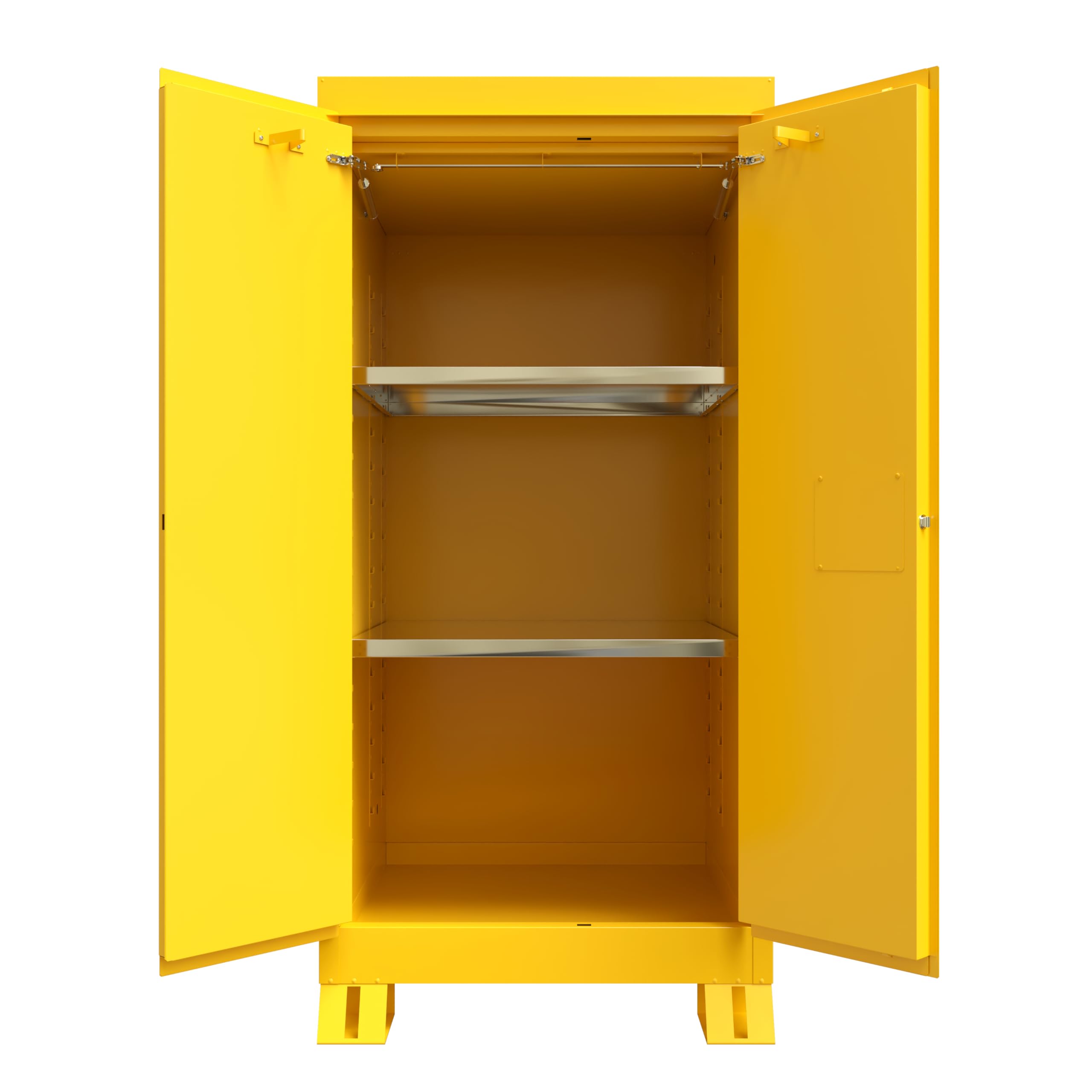 Justrite Outdoor Reinforced Steel Flammable Liquid Storage Cabinet, 2 Shelves with 350 lb. Capacity, 2 Self-Close Door Fire Cabinet, 60 Gallon, 72" x 34" x 38", Yellow, 816020