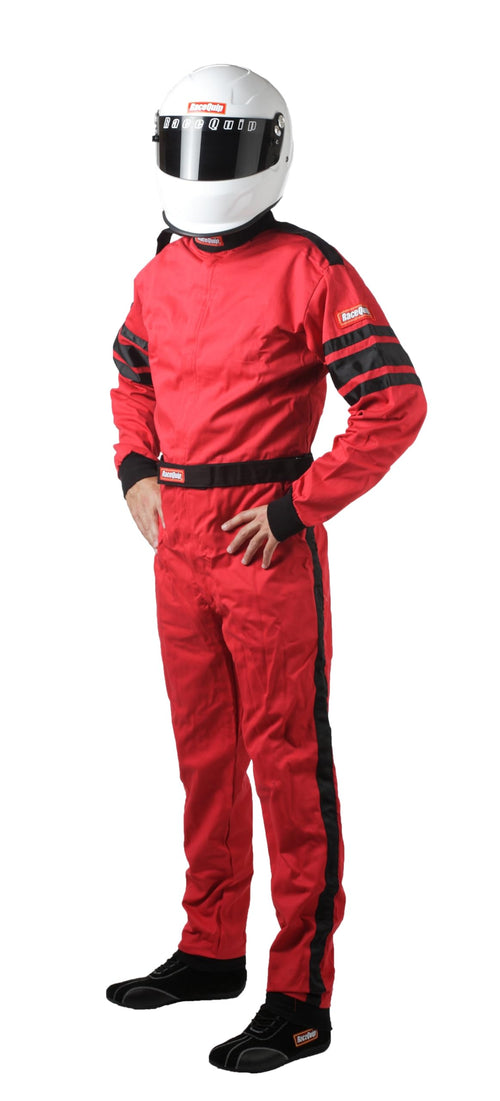 110 Series RaceQuip 110014RQP 1-Pc Driving Suit SFI 3.2A/1 Red/Black Stripe Medium Tall