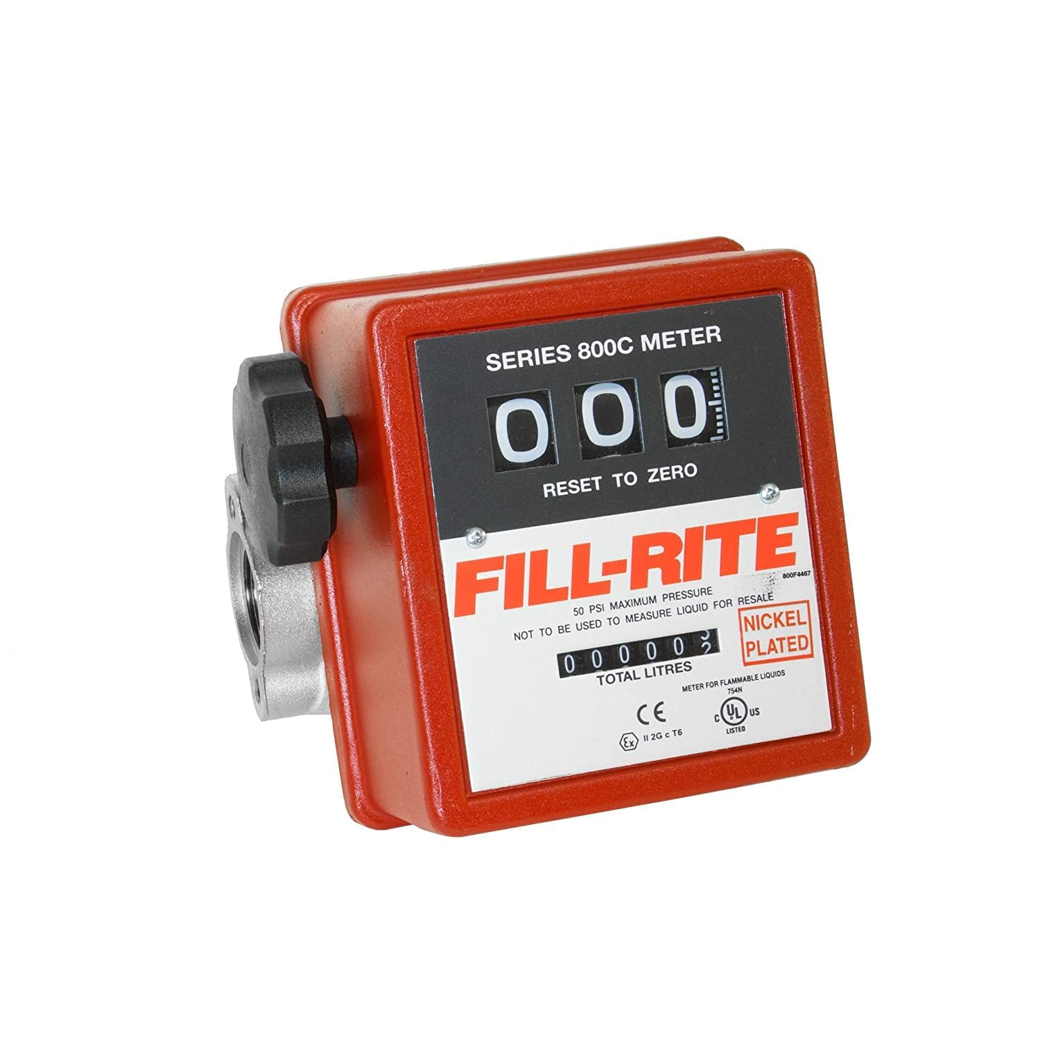 Fill-Rite 1" 807CLN1 19 - 76 LPM Mechanical Meter, Nickel-Plated for Use With Biofuels, Fuel Transfer Liter Meter