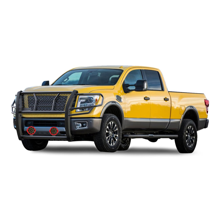 Rugged Black Horse Heavy Duty Grille Brush Bumper Guard Modular Come with Pair of 7.0" Dia.LED Lights with Red Trim Rings Compatible with 2017-2024 Nissan Titan XD-RU-NIXD16-B-PLR