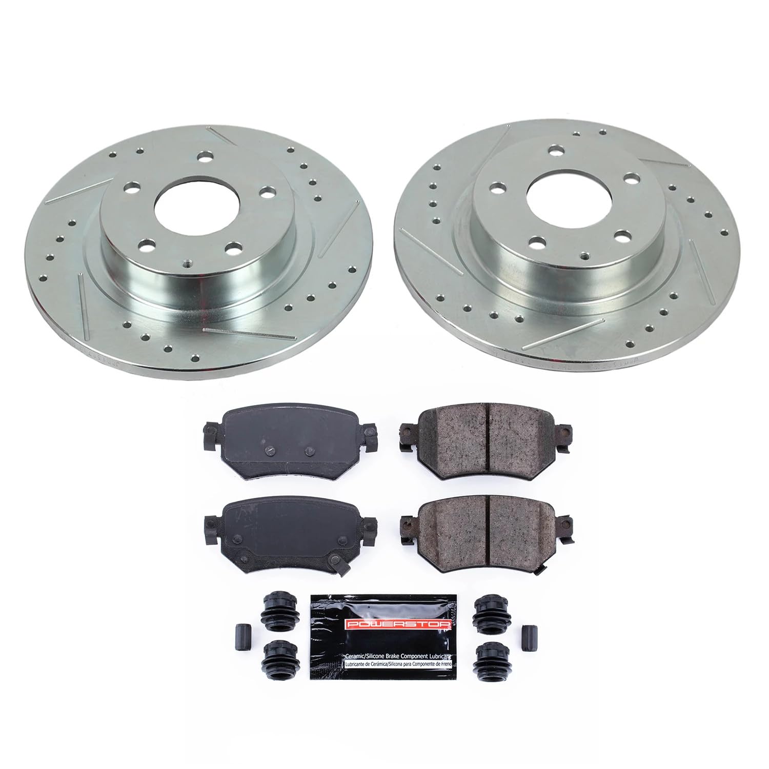 Power Stop K8068 Rear Brake Pads Z23 Carbon Fiber with Drilled & Slotted Brake Rotors Kit For Mazda 6 2016-2021 [Model Specific]