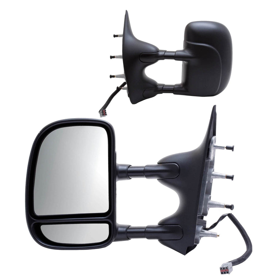 K Source Towing Mirror Extendable Pair for 2002-2008 E Series, Textured Black, Power, Adjustable, Dual Lens, Convex & Flat Mirror, Foldaway