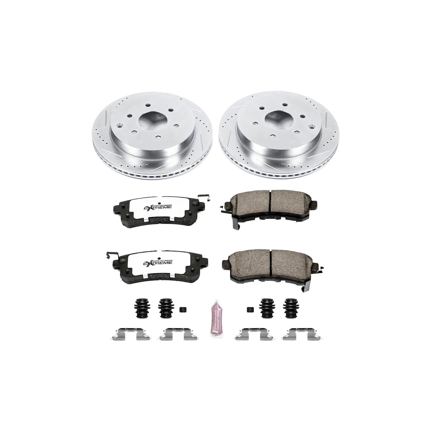 Rear Brake Kit Power Stop For 2011 2012 2013 Infiniti QX56 - Truck & Tow Carbon Fiber Ceramic Brake Pads & Drilled and Slotted Rotors Replacement, K6323-36