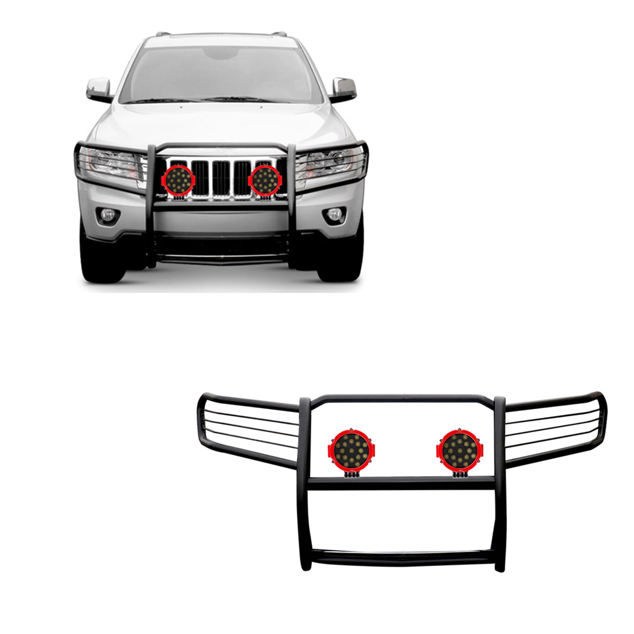 Bumper Guard Black Horse Grille brush Modular Come With pair of 7.0"Dia.LED Lights with Red Trim Rings Compatible with 2005-2010 Jeep Grand Cherokee-17A080200MA-PLR