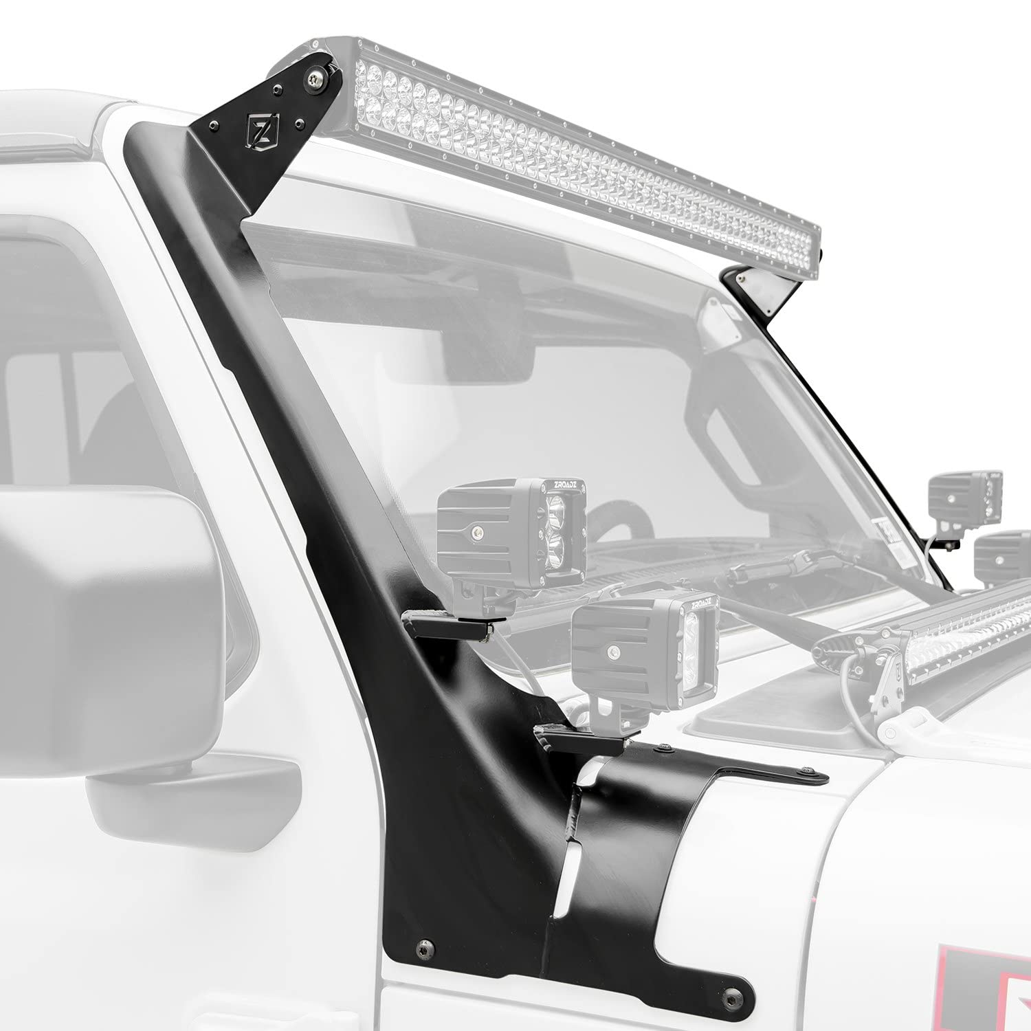 Front Roof Jeep JL, Gladiator LED Bracket to mount (1) 50 or 52 Inch Straight LED Light Bar and (4) 3 Inch LED Pod Lights - PN #Z374831-BK4