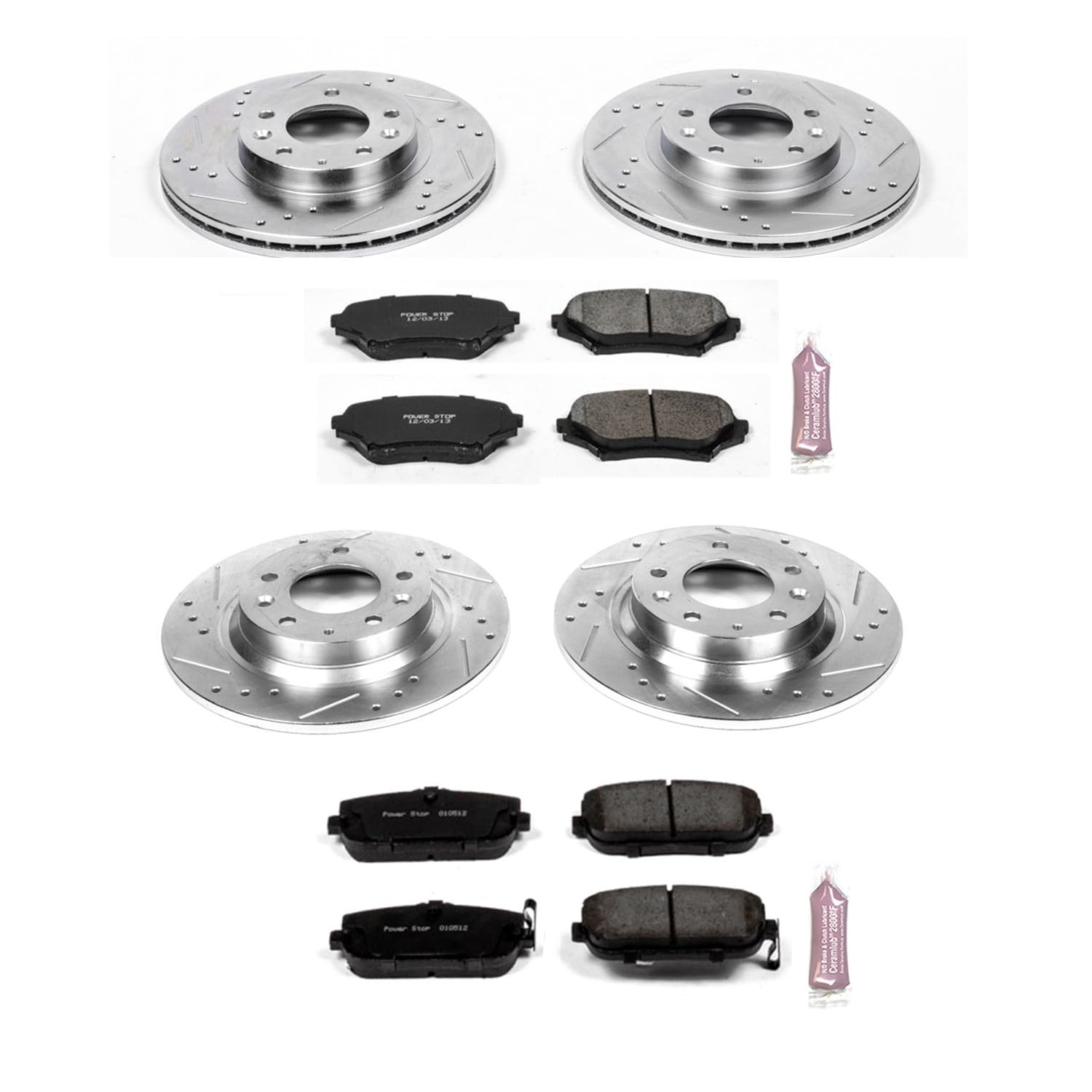 Power Stop K4098 Z23 Carbon Fiber Brake Pads Front and Rear with Drilled & Slotted Brake Rotors Kit For Mazda MX-5 Miata 2006-2015 [Model Specific]