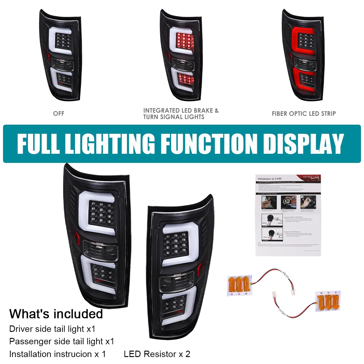 Black Tail Lights w/LED Bar SPEC-D TUNING Compatible with 2009-2014 Ford F150, Left + Right Pair Assembly