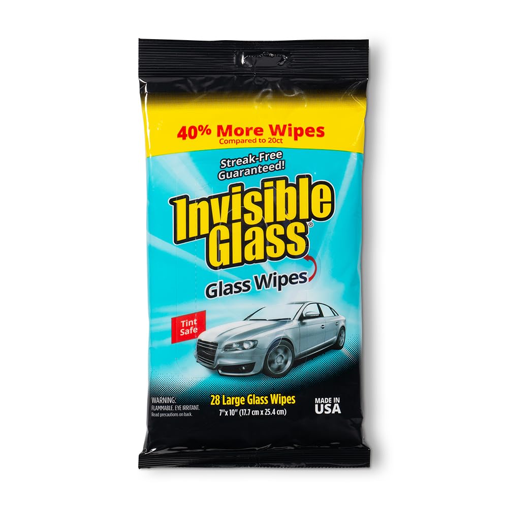 Large Glass Cleaning Wipes Invisible Glass 90161 for Streak-Free Windows, Mirrors, and Glass, Lint-Free, Ammonia-Free, Tint-Safe, for Home and Auto, Flat Pack, 28 Count