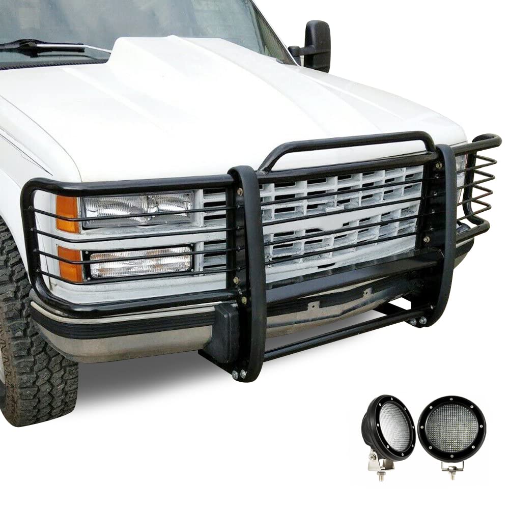Bumper Guard Black Horse Grille brush Modular Come with Pair of 5.3"LED Lights Compatible with 95-98 Silverado|1999 Suburban 1500|95-99 Tahoe|1988-1998 Sierra 1500|1992-1999 Yukon-17GJ23MA-PLFB