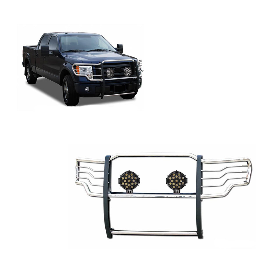 Grille Brush Black Horse Bumper Guard Modular Stainless Steel Come with Pair of 7.0" Dia.LED Lights with Black Trim Rings Compatible with 2015-2024 Ford F-150-17FP32MSS-PLB