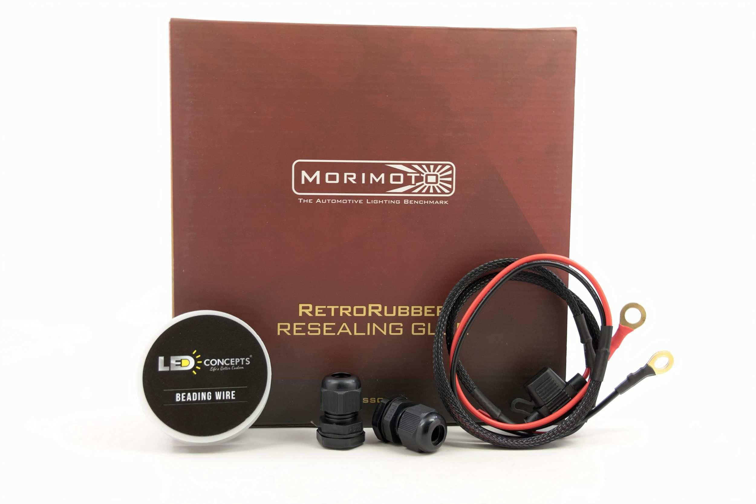 Morimoto Installation Kit, Halo Universal Materials for Custom Retrofit, Resealing Butyl, Installation Wire, x2 Black Cable Glands, Fust Pigtail w/Ring Terminals (1x A580)