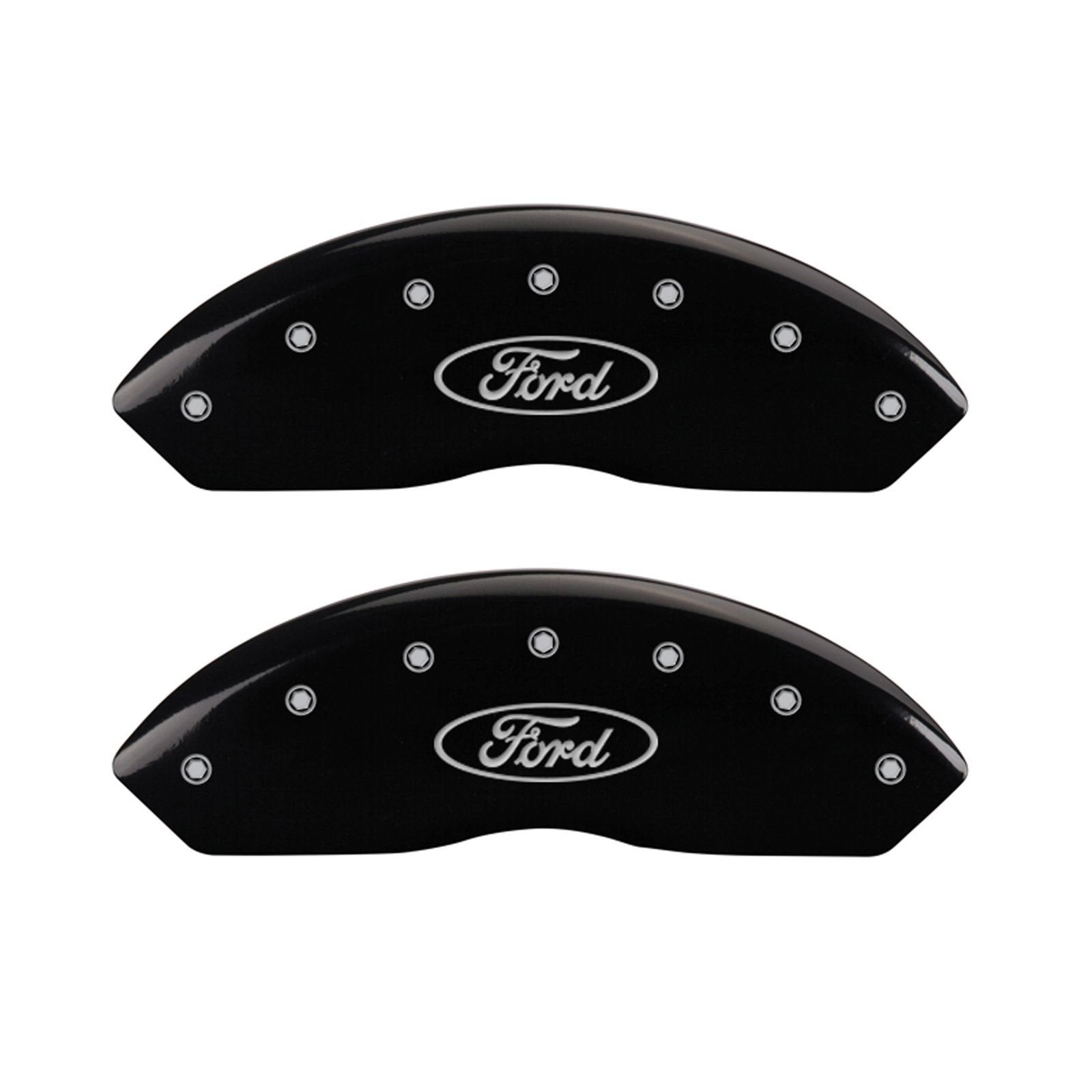 MGP Caliper Covers Front and Rear 10240SFRDBK Black Powder Coat Finish, Set of 4 (Oval logo/Ford Silver Characters, Engraved)