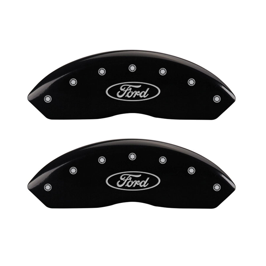 MGP Caliper Covers Front and Rear 10240SFRDBK Black Powder Coat Finish, Set of 4 (Oval logo/Ford Silver Characters, Engraved)