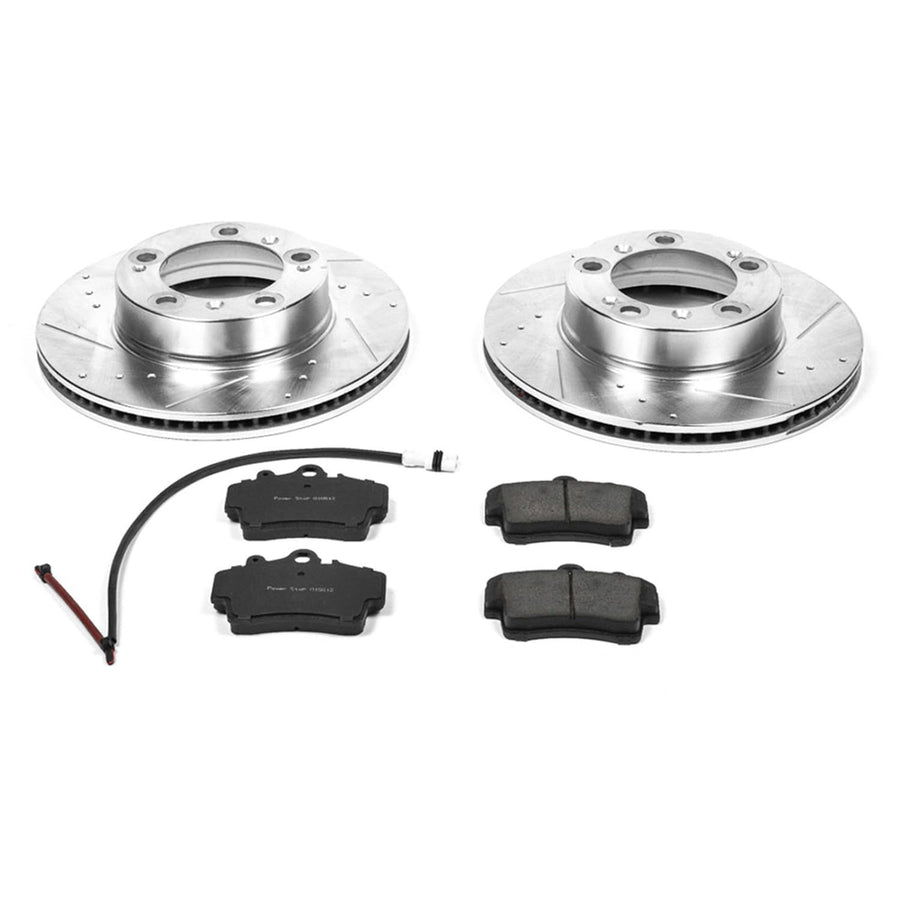 Power Stop K850 Front Brake Pads Z23 Carbon Fiber with Drilled & Slotted Brake Rotors Kit and 2 Front Sensor Wires For Porsche Boxster 1997-2004 [Model Specific]