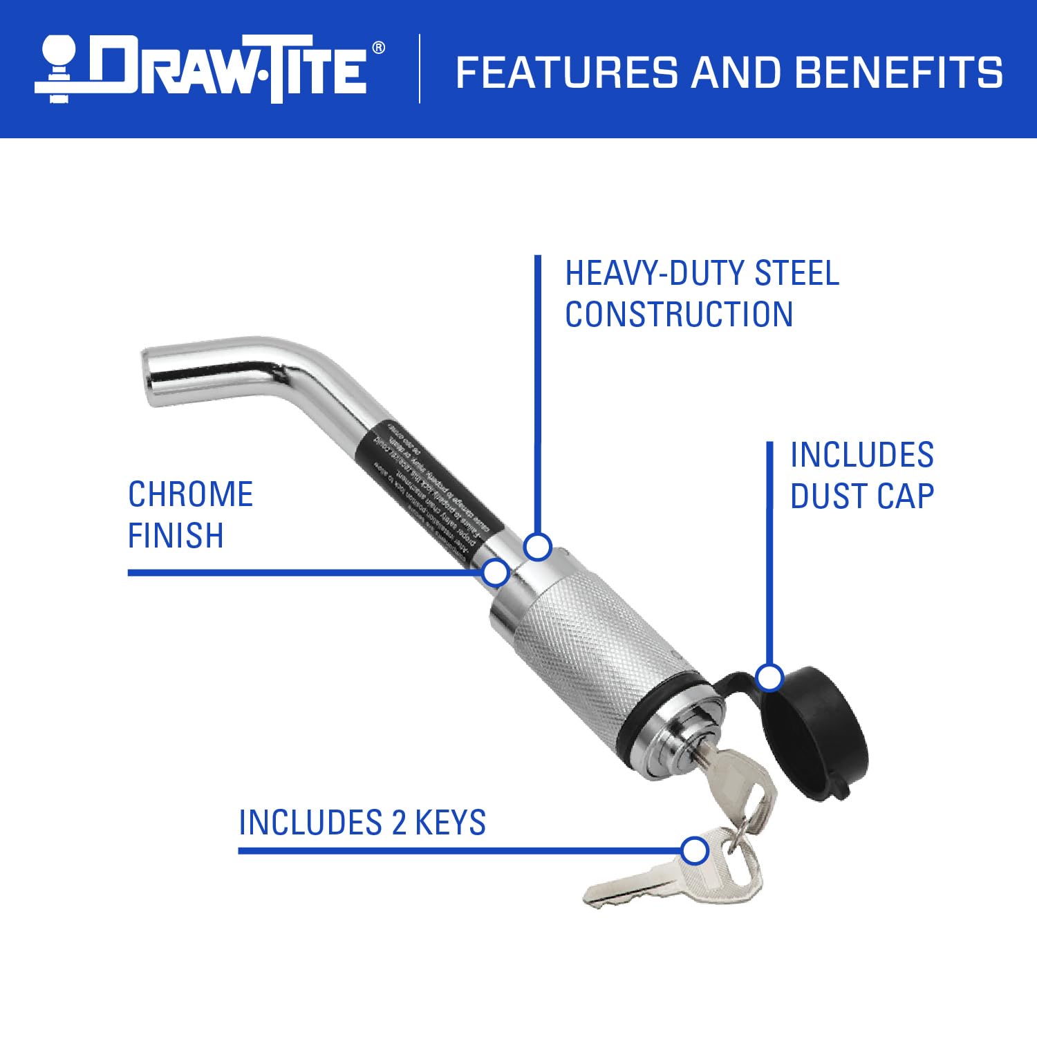 Trailer Hitch Lock Draw-Tite 63253, Fits 2-1/2 Inch Square Receiver, 5/8 Inch Pin Diameter, Bent-Pin Style
