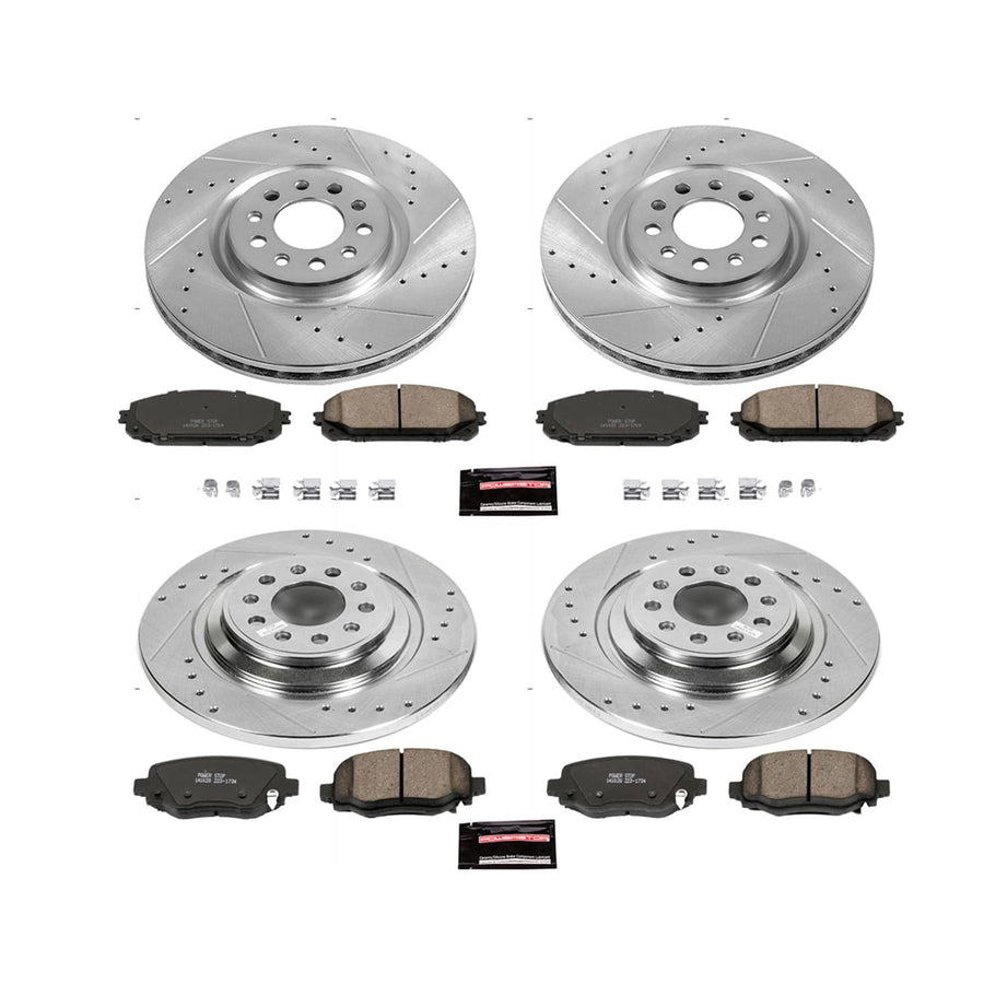 Power Stop K6541 Z23 Carbon Fiber Brake Pads Front and Rear with Drilled and Slotted Brake Rotors Kit For 2014 2015 Jeep Cherokee [Dual Piston Front Caliper Models]