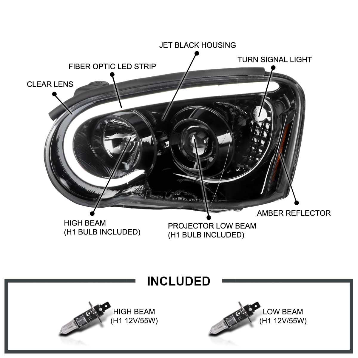 Jet Black SPEC-D TUNING Projector Headlights w/LED Light Bar Compatible with 2004-2005 Subaru Impreza RS/WRX/Outback/STI, Left + Right Pair Headlamps Assembly
