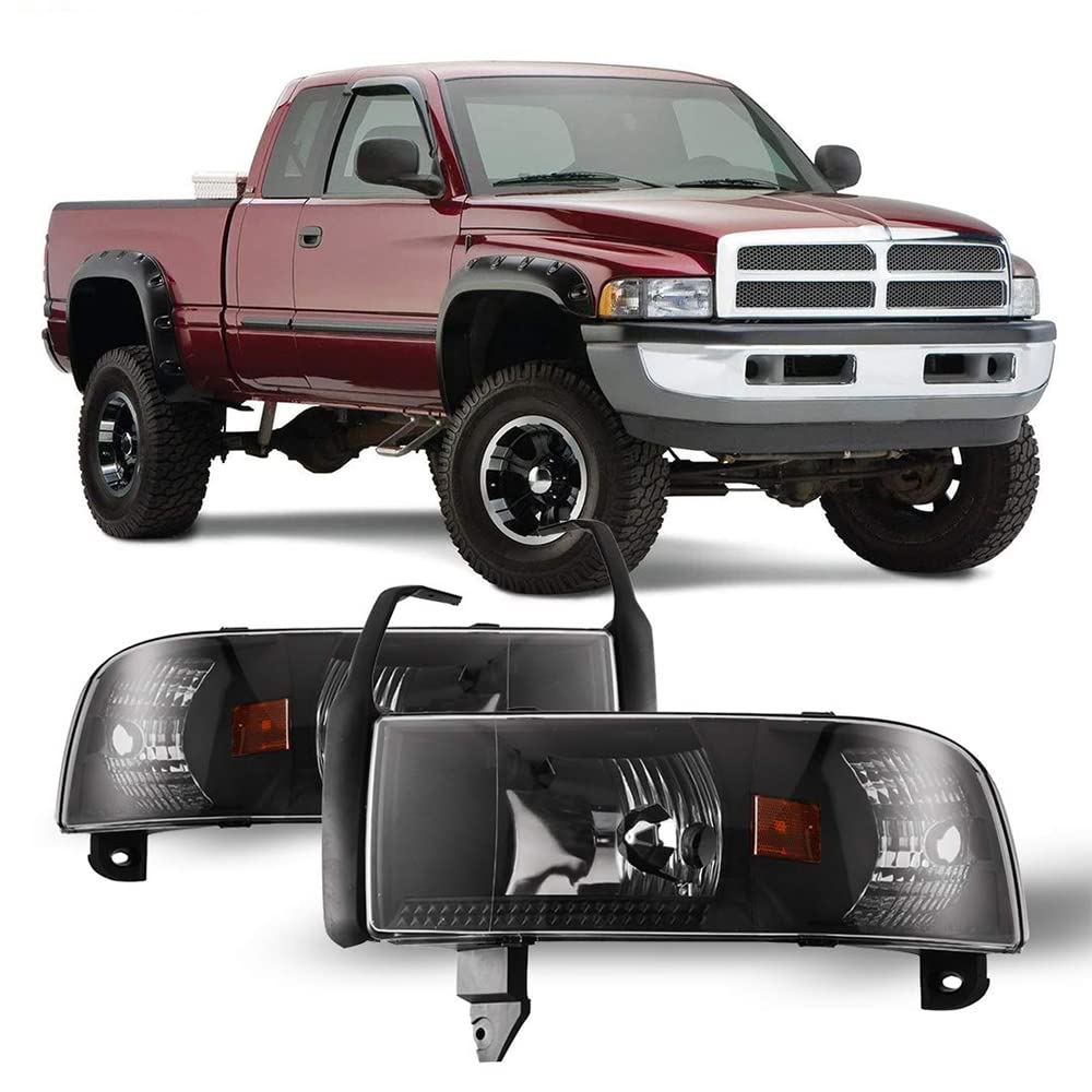 Headlights Assembly Winjet Street Series for [1994-2002 Dodge Ram 1500/94-02 Dodge Ram 2500 3500/95-02 Dodge Ram 4000], Headlamp Replacement with Dual Beam, Turn Signal Light and Amber Reflector