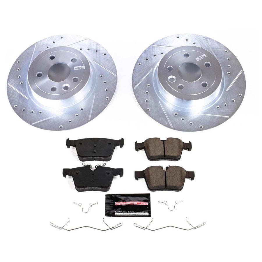 Power Stop K7994 Z23 Carbon Fiber Brake Pads Rear with Drilled & Slotted Brake Rotors Kit and 1 Rear Sensor Wire For Land Rover Range Rover Evoque 2016-2019 [Model Specific]