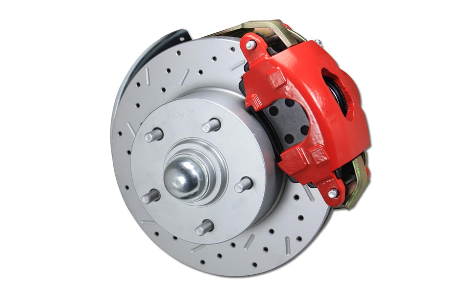 Power Front Disc Brake Kit Leed Brakes Drilled And Slotted Rotors, Red Powder Coated Calipers With 9" Booster Disc/Disc