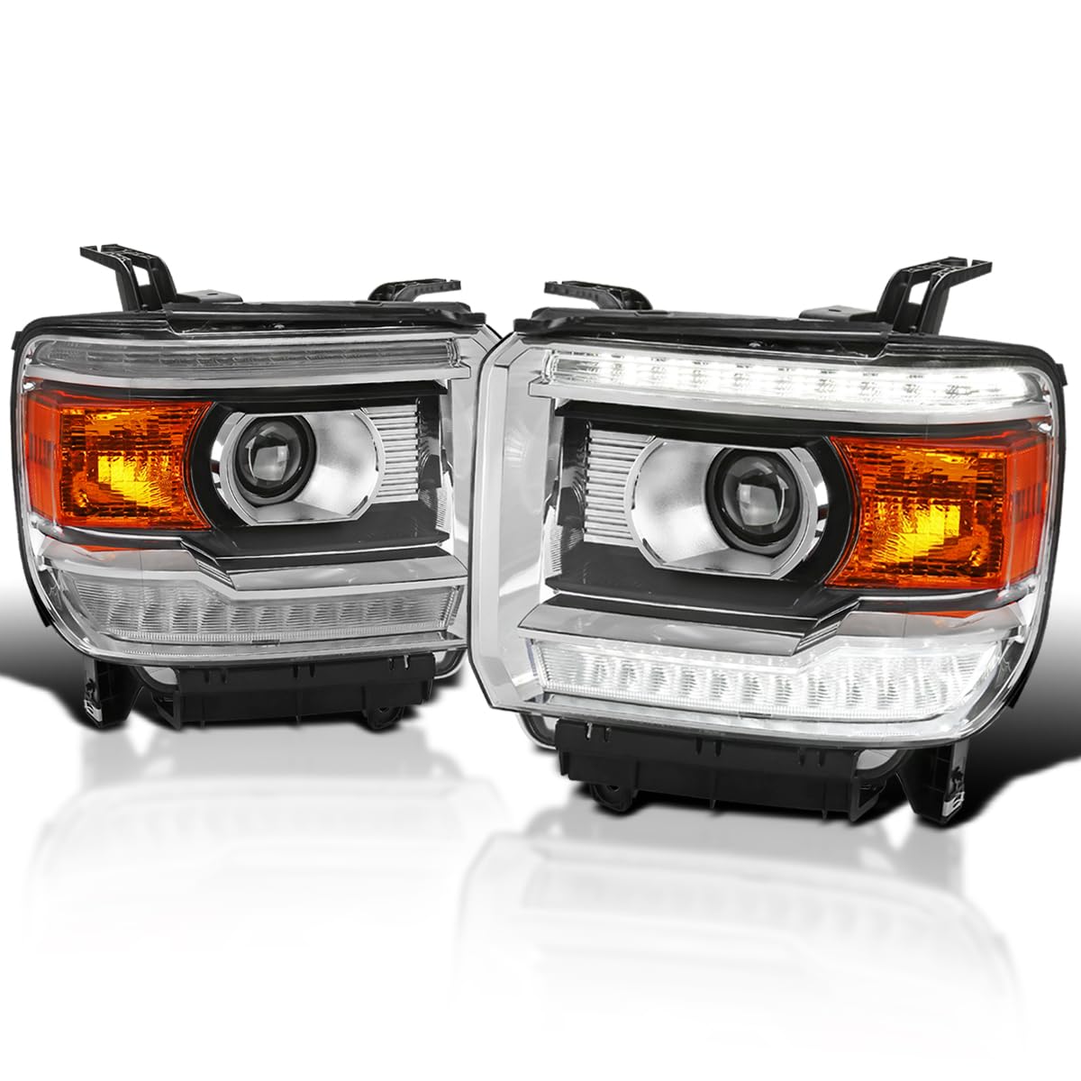 Chrome Projector Headlights w/LED DRL Strip SPEC-D TUNING Compatible with 2014-2018 GMC Sierra 1500, 2500, 3500, Base/Denali/SLE/SLT, Left + Right Pair Headlamps Assembly