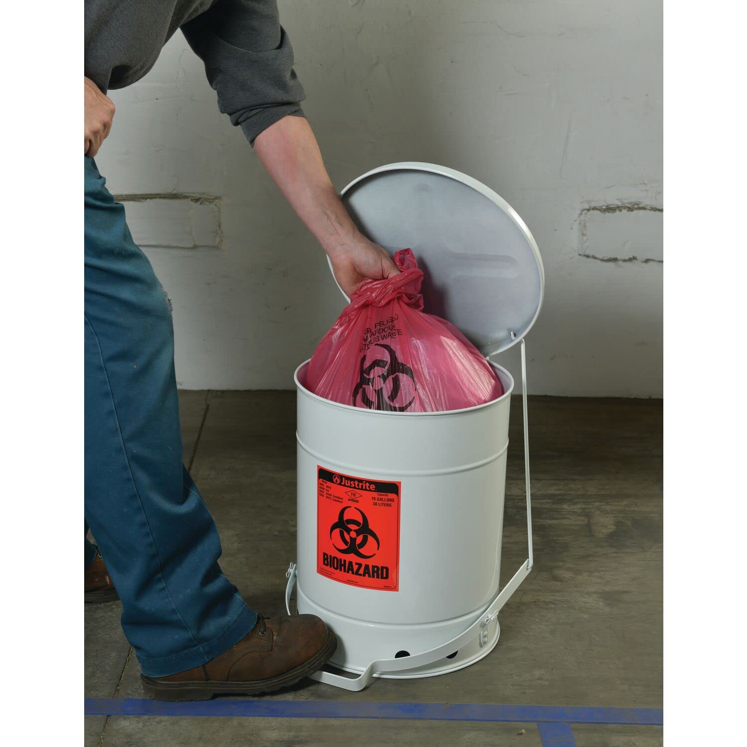 Galvanized Steel Justrite Biohazard Waste Container, 6 Gallon Capacity, 11-7/8" OD x 15-7/8" Height, White