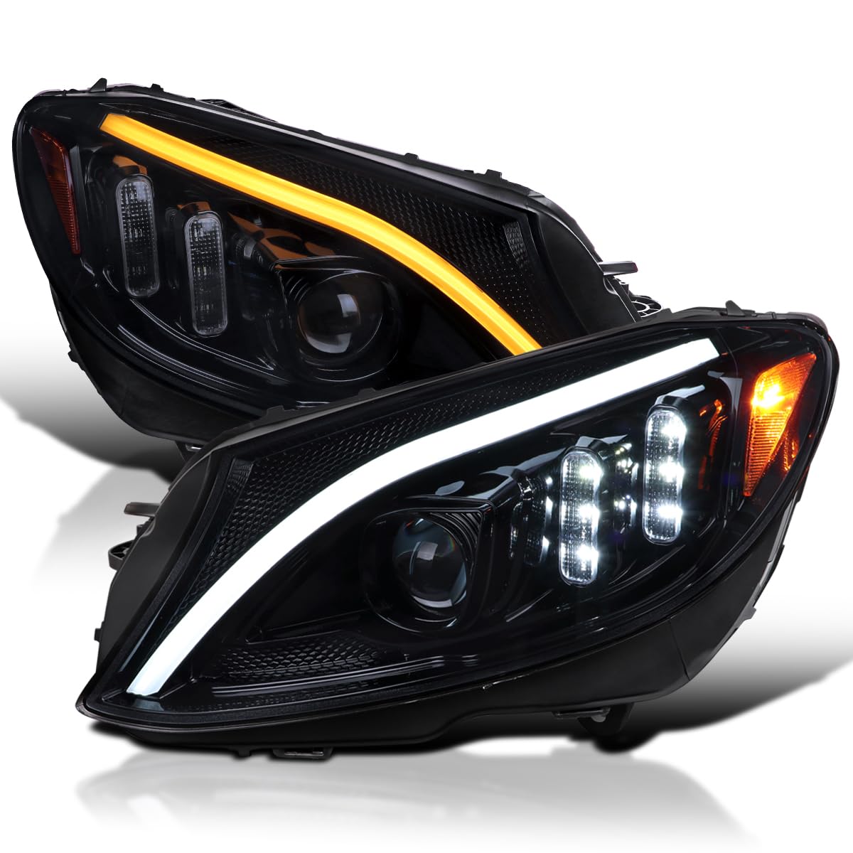 Glossy Black Smoke SPEC-D TUNING Projector Headlights w/Switchback LED Strips and Sequential Turn Signal Compatible with 2015-2018 Mercedes-Benz C-Class W205