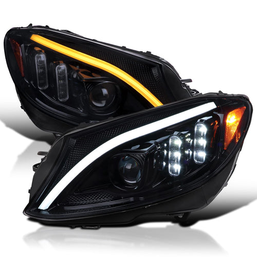 Glossy Black Smoke SPEC-D TUNING Projector Headlights w/Switchback LED Strips and Sequential Turn Signal Compatible with 2015-2018 Mercedes-Benz C-Class W205