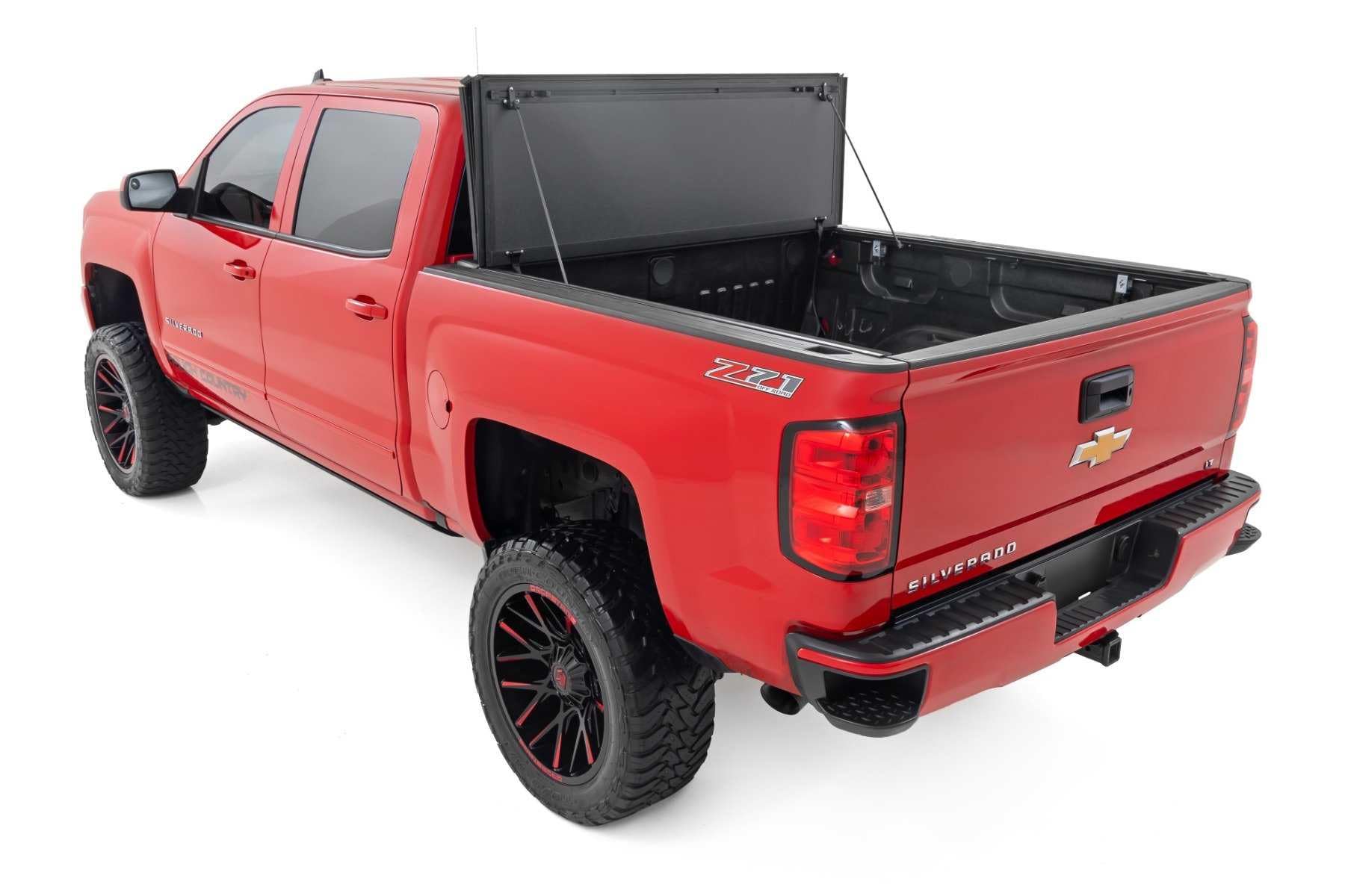 Rough Country Hard Tri-Fold Tonneau Cover for Chevy Silverado & GMC 1500/2500HD/3500HD (2014-2019) - Aluminum Flip-Up Bed Cover, Fits 6'7 (78.8-78.9") Bed w/Rail Caps