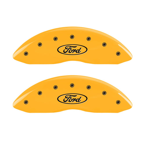 MGP 10243SFRDYL Yellow Caliper Covers (Set of 4, Engraved Front and Rear: Oval logo/Ford, Yellow powder coat finish, black characters)