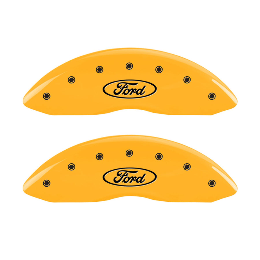 Caliper Covers MGP 10008SFRDYL, Set of 4 (Yellow Engraved Front and Rear: Oval Logo/Ford Powder Coat Finish Black Characters)