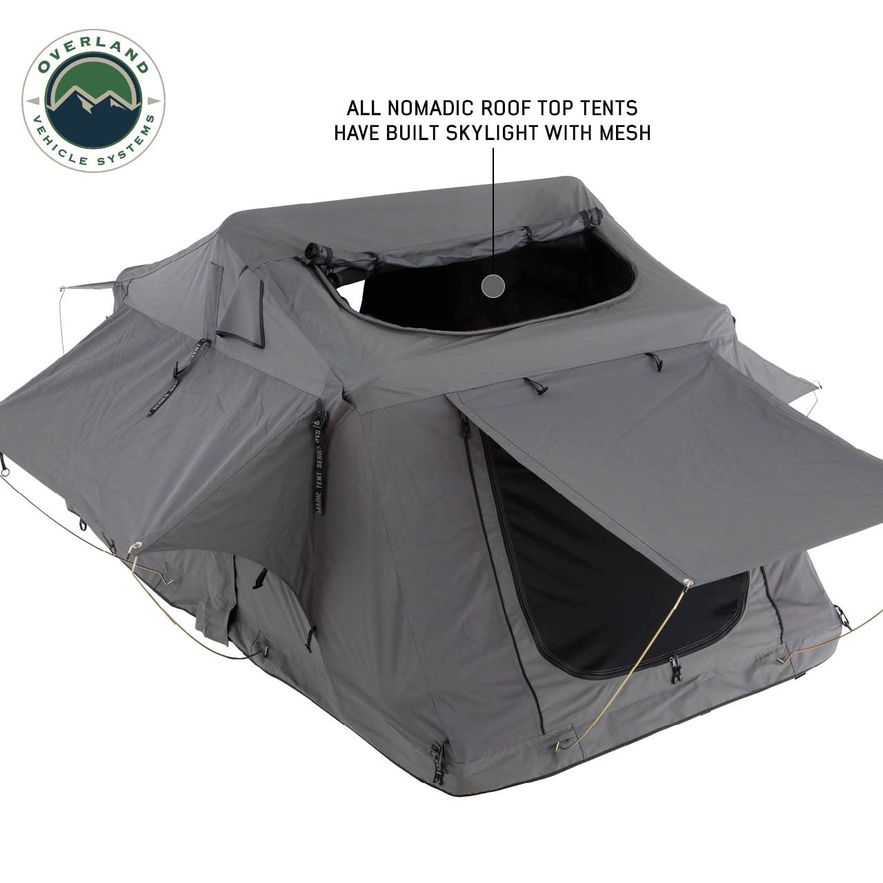 Overland Vehicle Systems Nomadic 2 Standard HD Soft Shell Roof Top Tent - Dark Gray Base with Green Rain Fly & Black 1000G PVC Travel Cover - Black Aluminum Base
