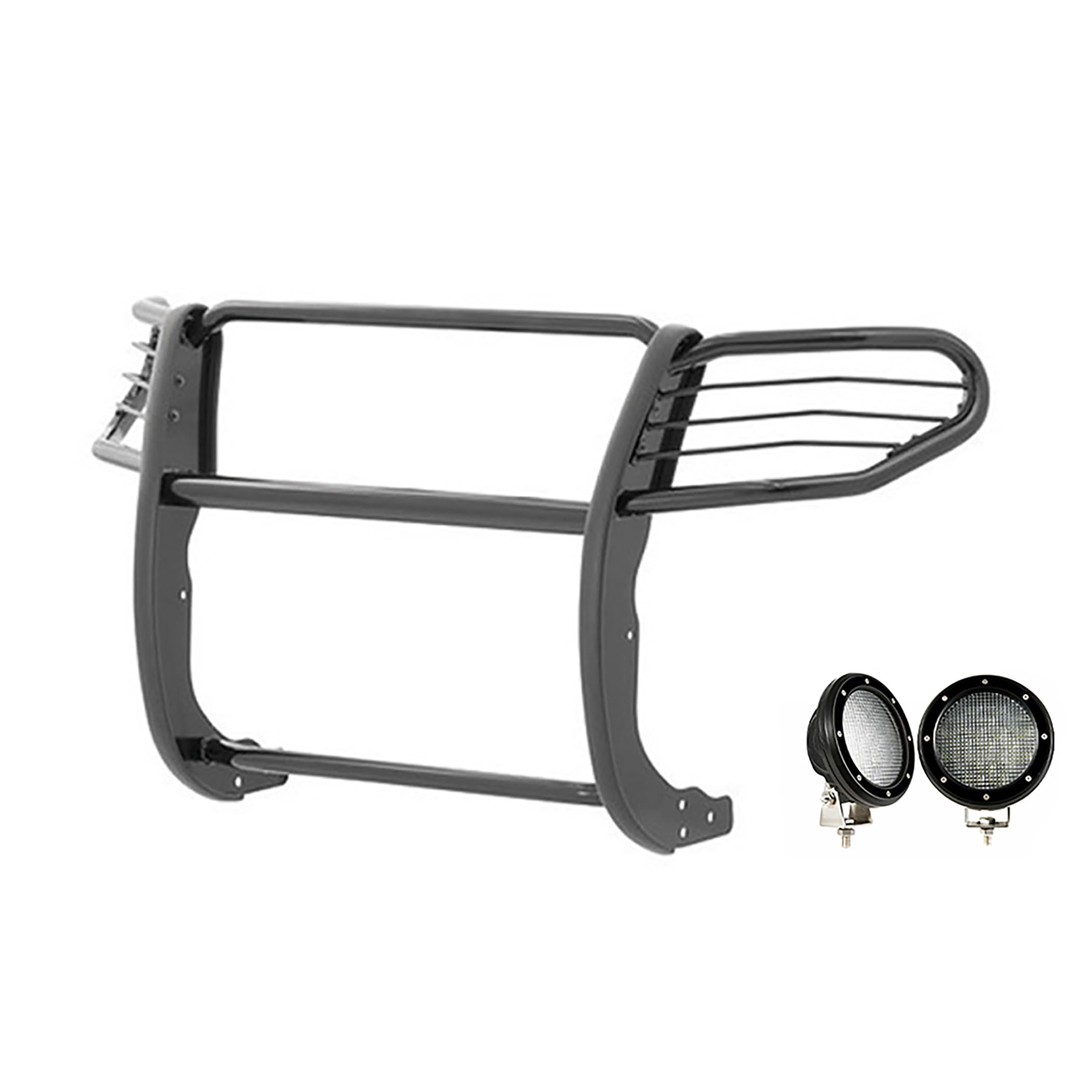 Grille Brush Black Horse Bumper Guard Modular Semi-Gloss Black Come with Pair of 5.3" Dia.LED Lights with Black Trim Rings Compatible with 2007-2014 Ford Expedition-17FP31MA-PLFB