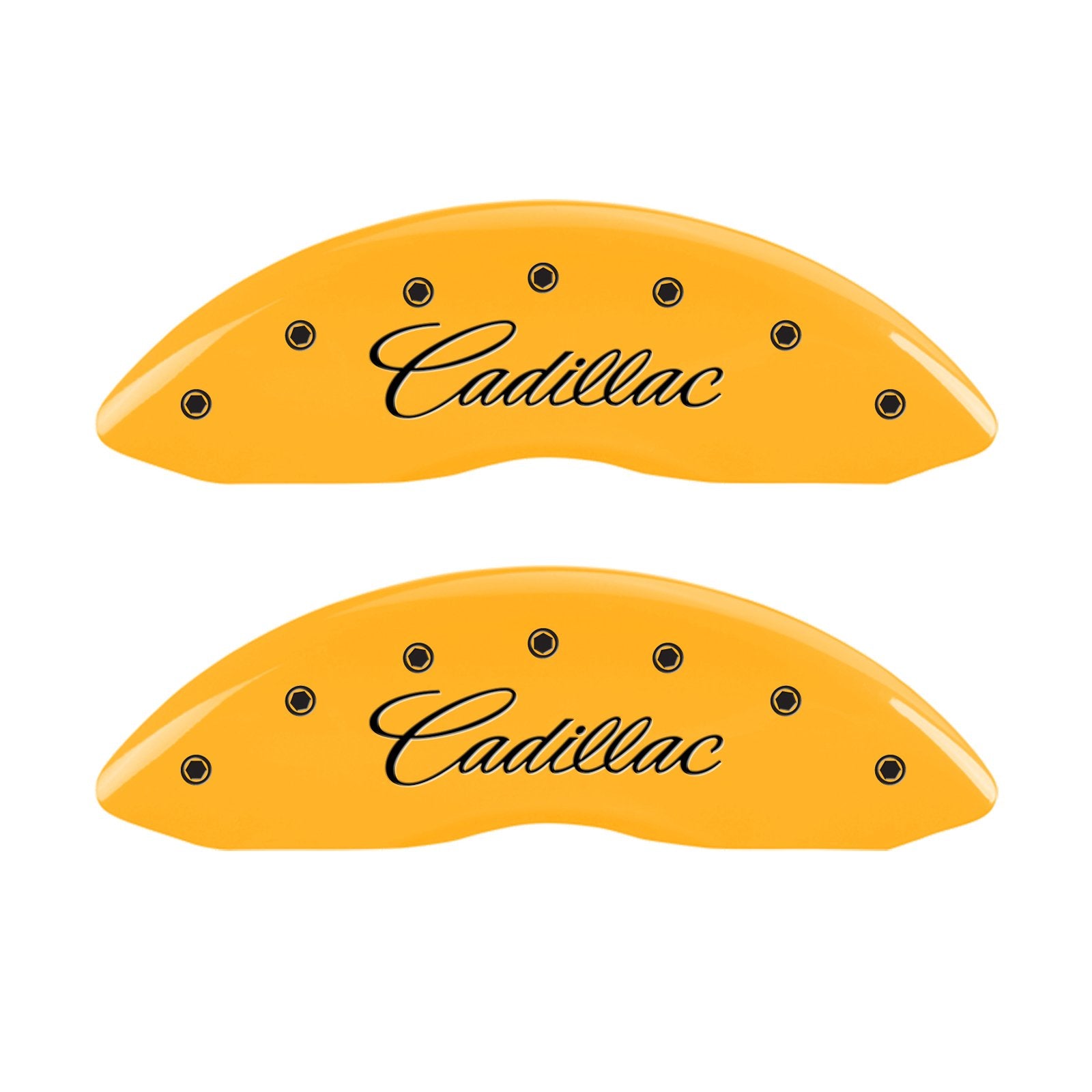 Caliper Covers MGP 35004SSRXYL Yellow (Set of 4, Engraved Front: Cursive/Cadillac - Engraved Rear: SRX, Yellow powder coat finish, black characters)
