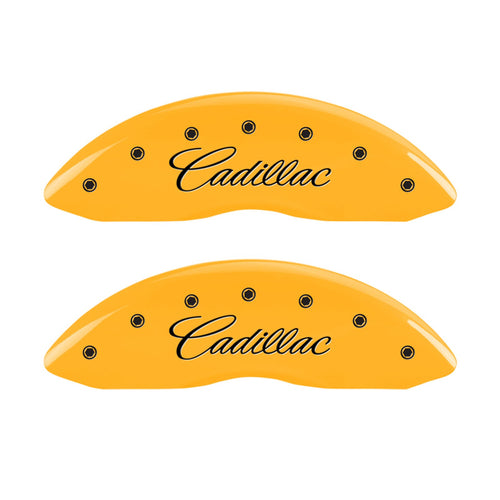 Caliper Covers MGP 35013SCADYL, Set of 4 (Yellow Engraved Front and Rear: Cursive/Cadillac Powder Coat Finish Black Characters)