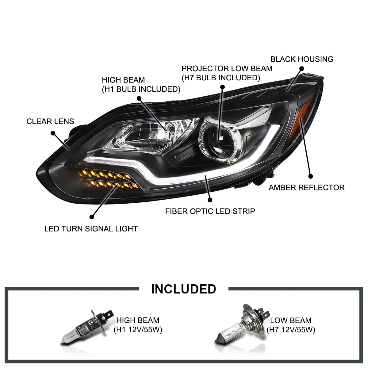 Black SPEC-D TUNING Projector Headlights w/LED Turn Signal Light Bar Compatible with 2012-2014 Ford Focus, Left + Right Pair Headlamps Assembly