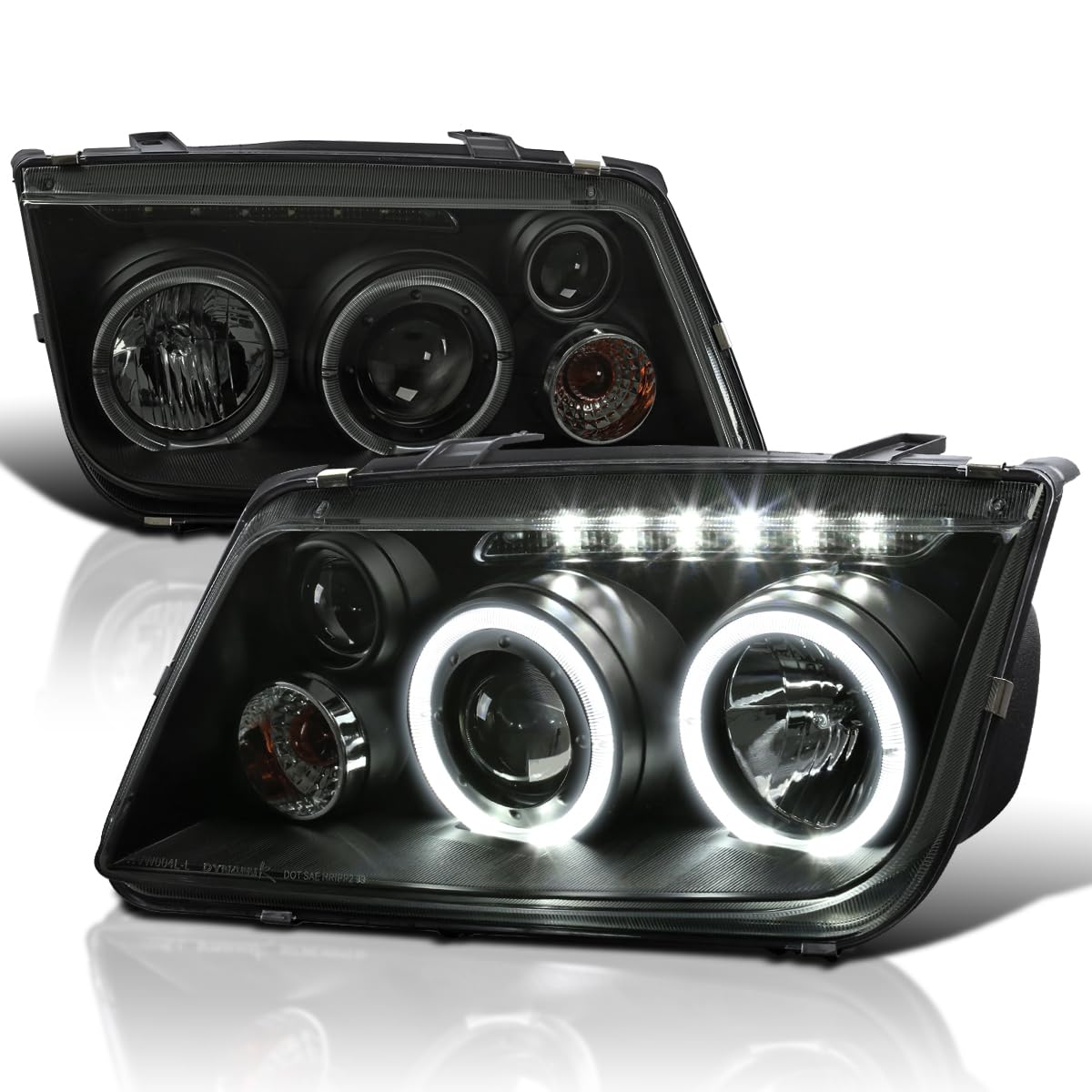 Glossy Black SPEC-D TUNING R8 Style Projector Headlights w/Fog Lamps Compatible with 1999-2005 VW Jetta/Bora Mk4, Left + Right Pair Headlamps Assembly
