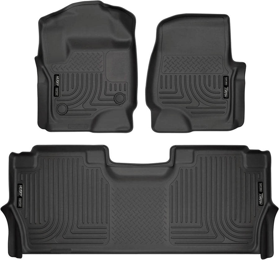 Husky Liners Floor Mats Weatherbeater | Fits 2017-2025 Ford F-250/F-350/F-450 SUPERCREW CAB ONLY with Factory Carpet & with Fold Flat Storage | Front & 2nd Row, 3-pc Black - 94061
