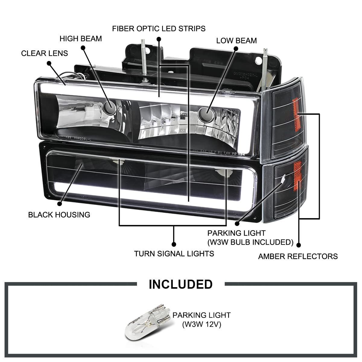 Black LED Tube Headlights + Bumper Parking + Corner Lights SPEC-D TUNING Compatible with 1994-1998 GMC C10 Pickup Sierra Suburban Yukon Left + Right Pair Assembly