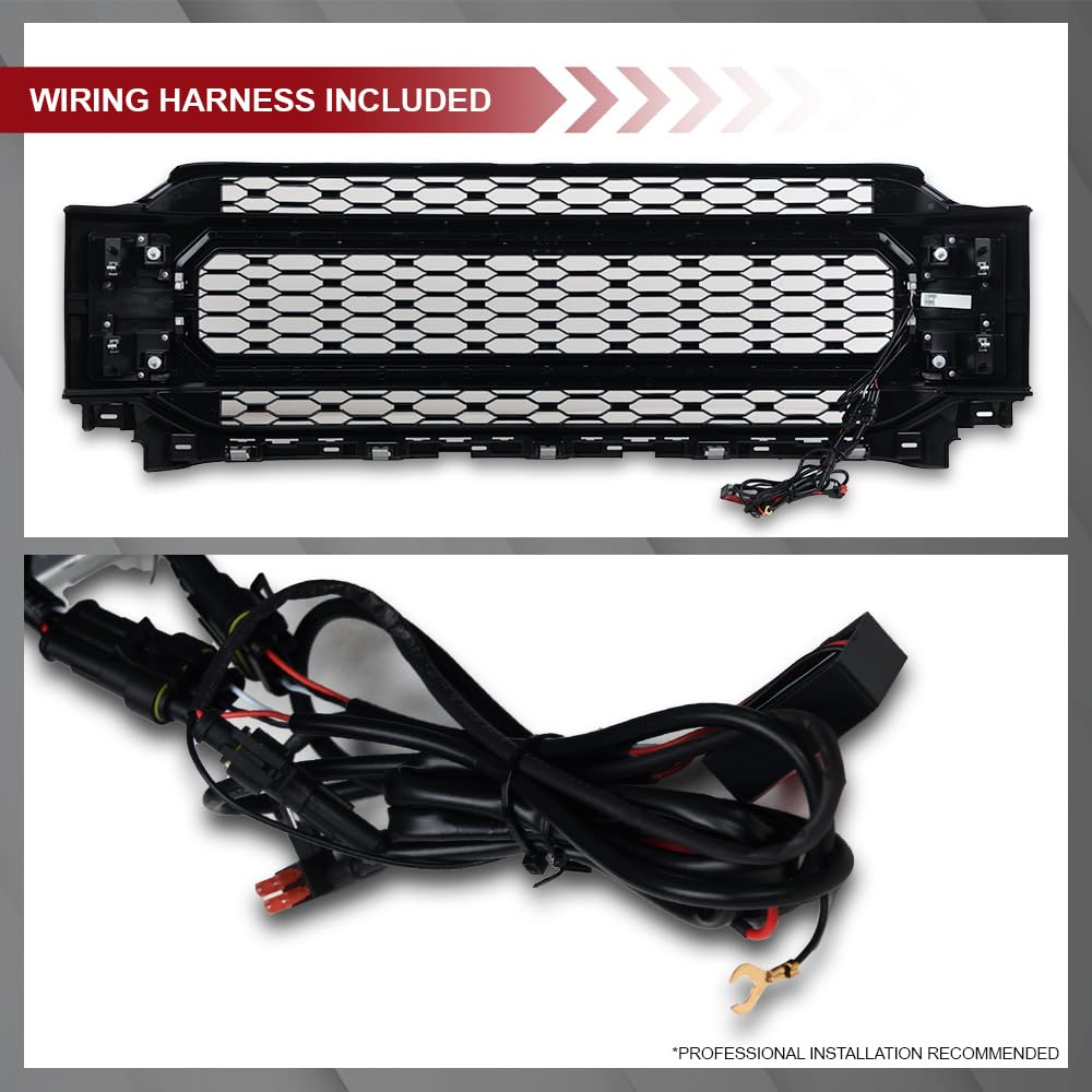 HEX Style Armordillo Honeycomb Mesh LED Front Grille|Compatible With 2021-2023 Ford F150 F-150|8735039|ABS Plastic|Gloss Black|Front Hood Bumper Grille With LED Light Bar