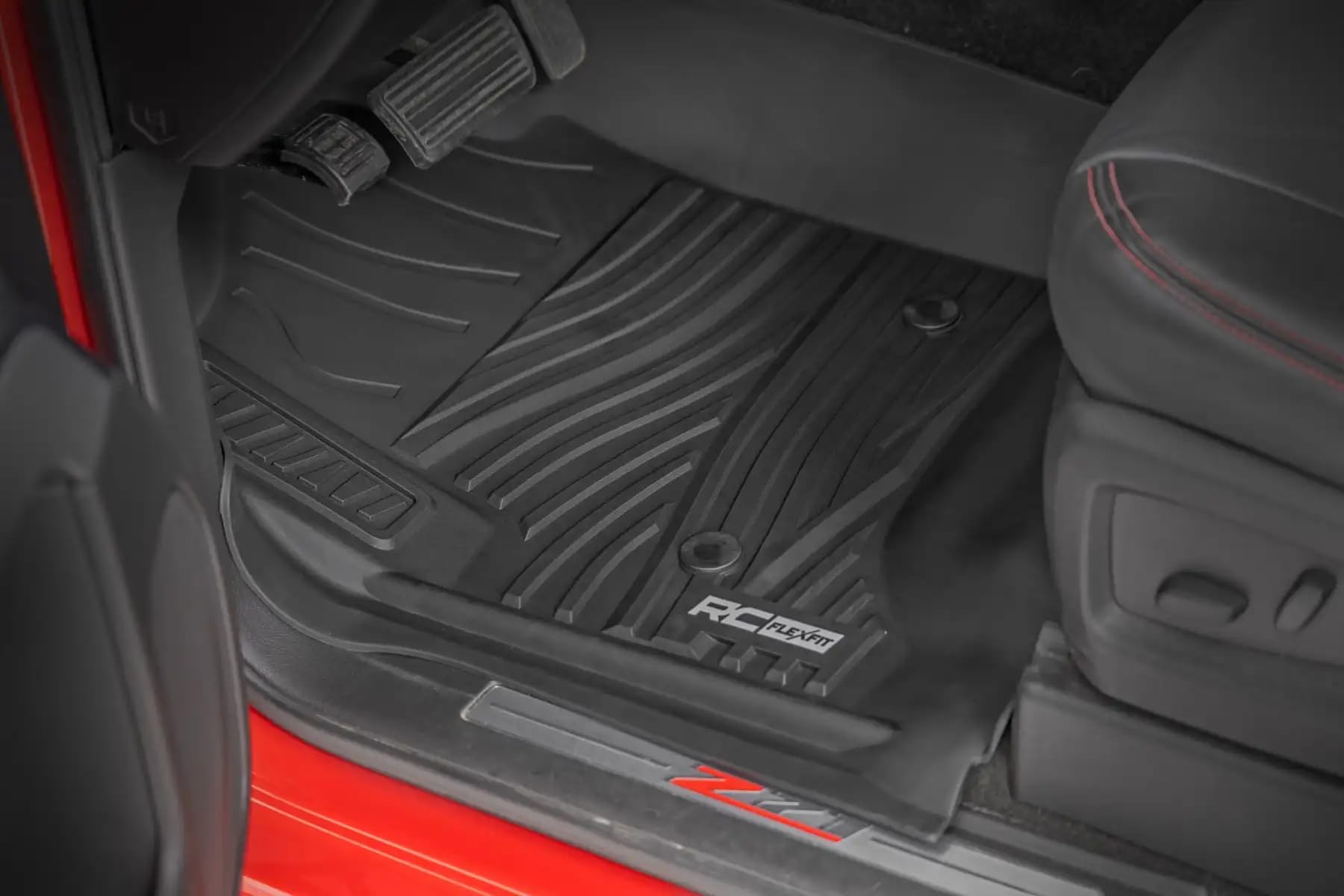 Flex-Fit Rough Country Floor Mats for Chevy Silverado & GMC Sierra 1500/2500HD/3500HD (2014–2018) Crew Cab - Front & Rear Set, All-Weather Non-Slip TPE Liners w/Spill Saver Lip