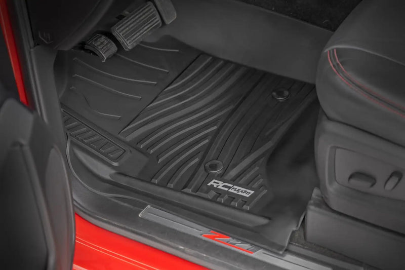 Flex-Fit Rough Country Floor Mats for Chevy Silverado & GMC Sierra 1500/2500HD/3500HD (2014–2018) Crew Cab - Front & Rear Set, All-Weather Non-Slip TPE Liners w/Spill Saver Lip