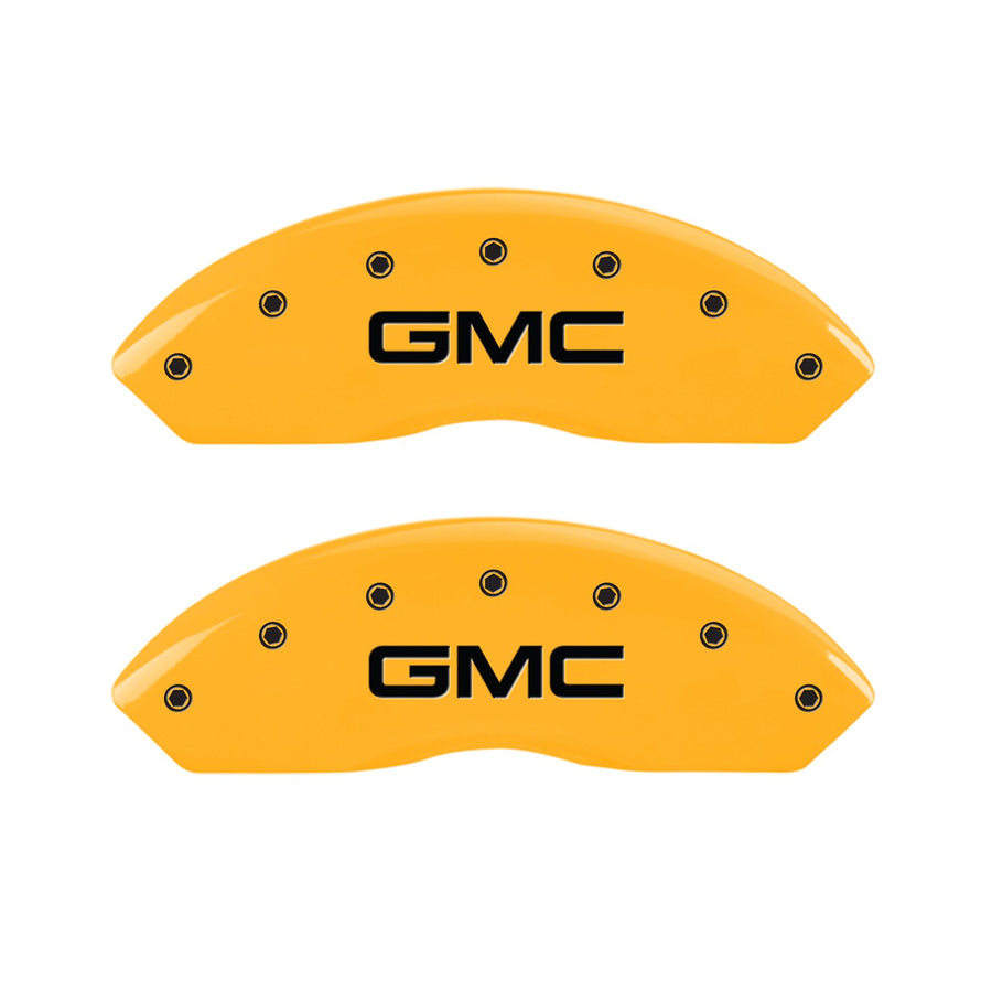 Caliper Covers MGP 34212SGMCYL (Yellow Powder Coat Finish, Engraved Front and Rear: GMC, Black Characters, Set of 4)