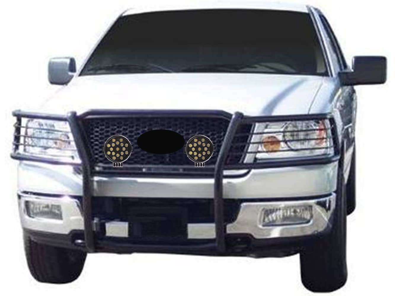 Bumper Guard Black Horse Grille Brush Modular Black Come with Pair of 7.0" Dia.LED Lights with Black Trim Rings Compatible with 2004-2008 Ford F-150-17FP28MA-PLB