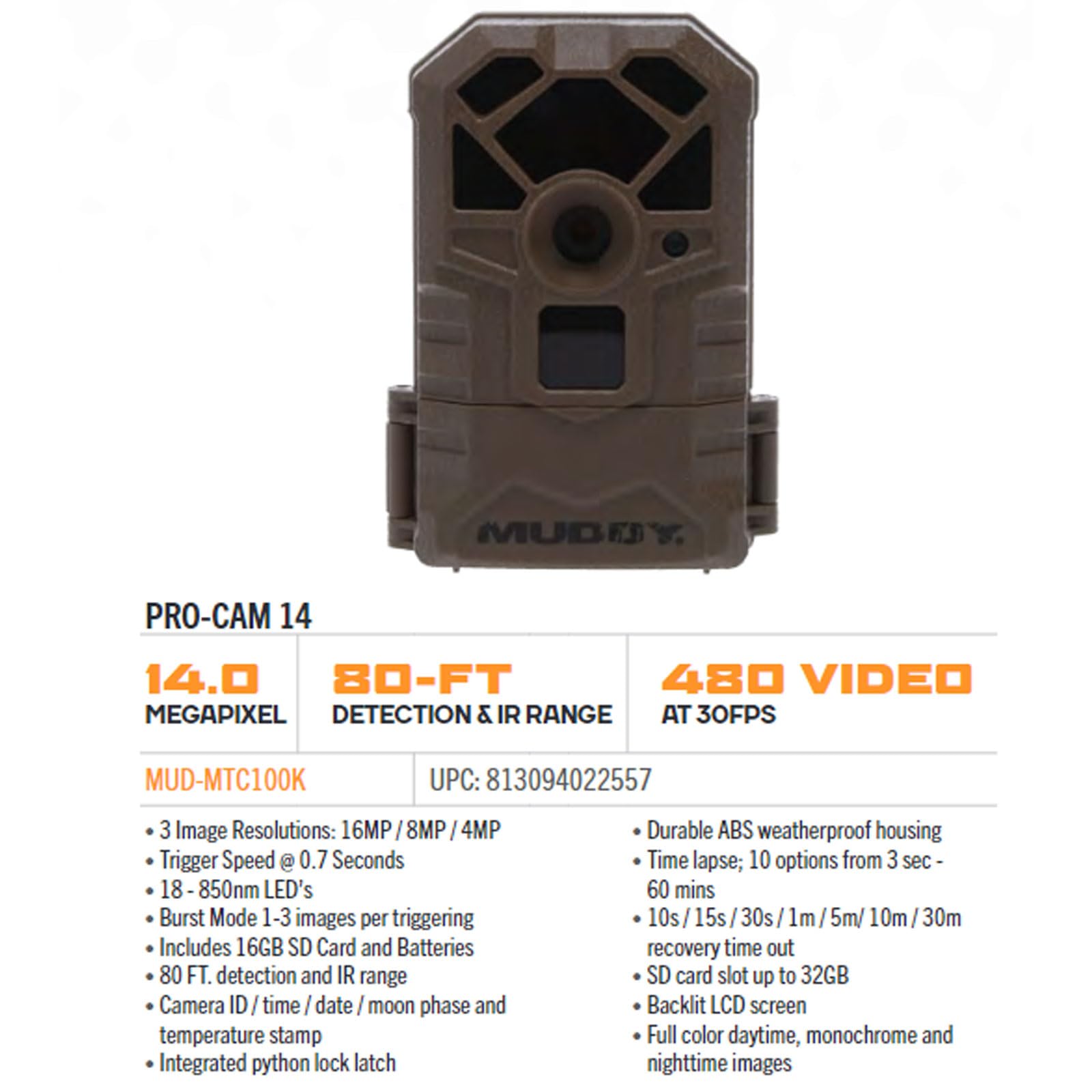 Muddy 14 Pro Cam MTC100K Combo - 14MP & 480 Video at 30FPS 0.7 Sec Trigger Speed 80ft Detection IR Range Durable Hunting Outdoor Scouting Trail Camera, AA Batteries & 16GB Memory Card Included