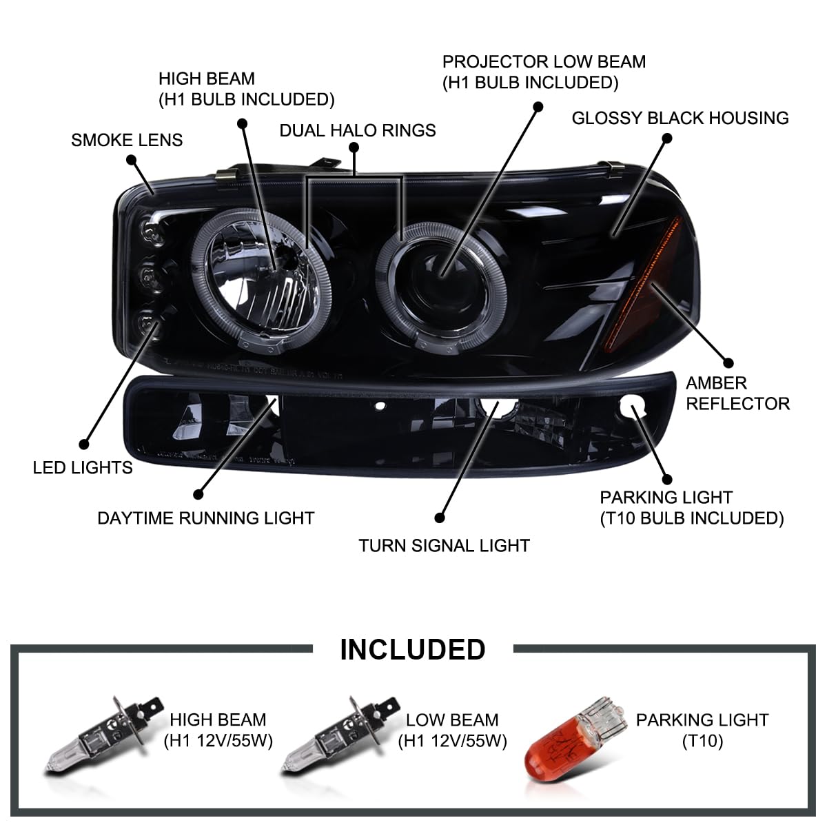 Black Smoke LED Halo Projector Headlights + Bumper Lights SPEC-D TUNING Compatible with 1999-2006 GMC Sierra 1500/2500/3500, Left + Right Pair Headlamps Assembly