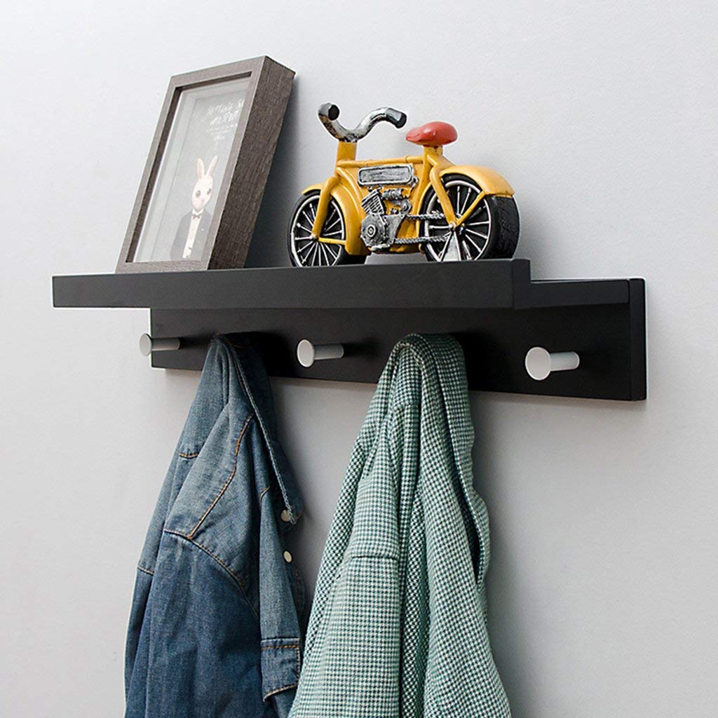 YIMJ Wall Shelf Coat Rack Bamboo Wooden Hook Rack With 5 Alloy Hooks And Upper Shelf For Storage For The Entrance Hallway Bathroom Living Room Bedroom Kitchen, White